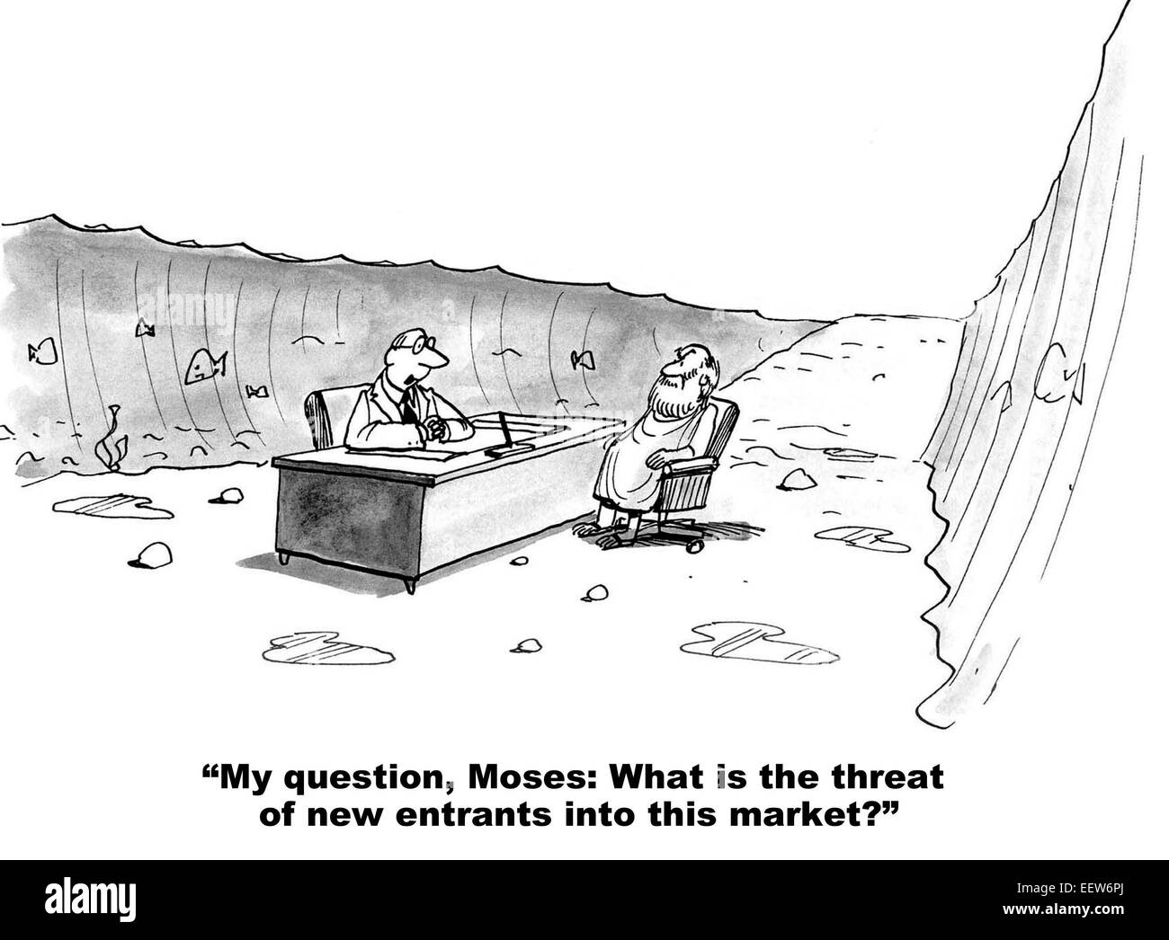 Cartoon zeigt einen Geschäftsmann in einer Besprechung mit Moses und Moses zu Fragen, was die Bedrohung durch neue Marktteilnehmer in diesem Markt ist. Stockfoto