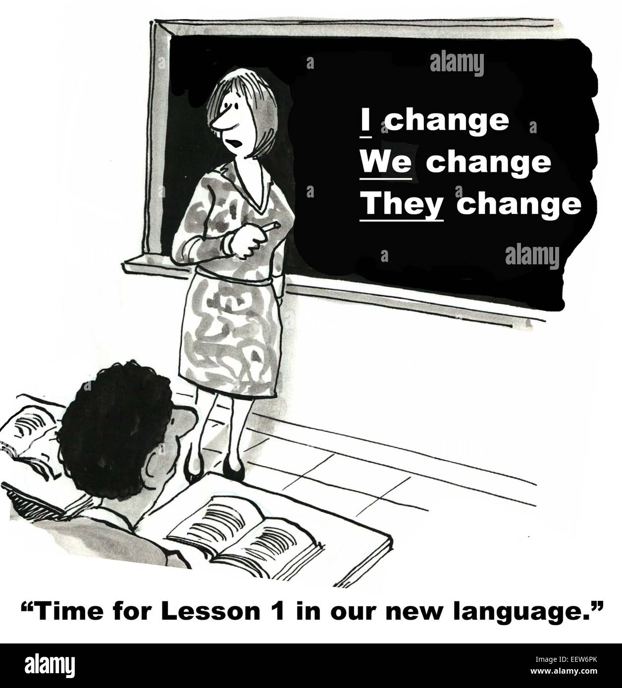 Karikatur von Geschäftsfrau führt ein Change-Management-Seminar und Vermittlung der Sprache des Wandels - all-inclusive ist. Stockfoto