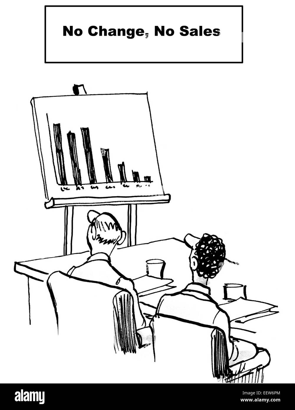Cartoon von zwei Geschäftsleute Blick auf rückläufige Umsätze in einem Diagramm--keine Veränderung, kein Verkauf. Stockfoto