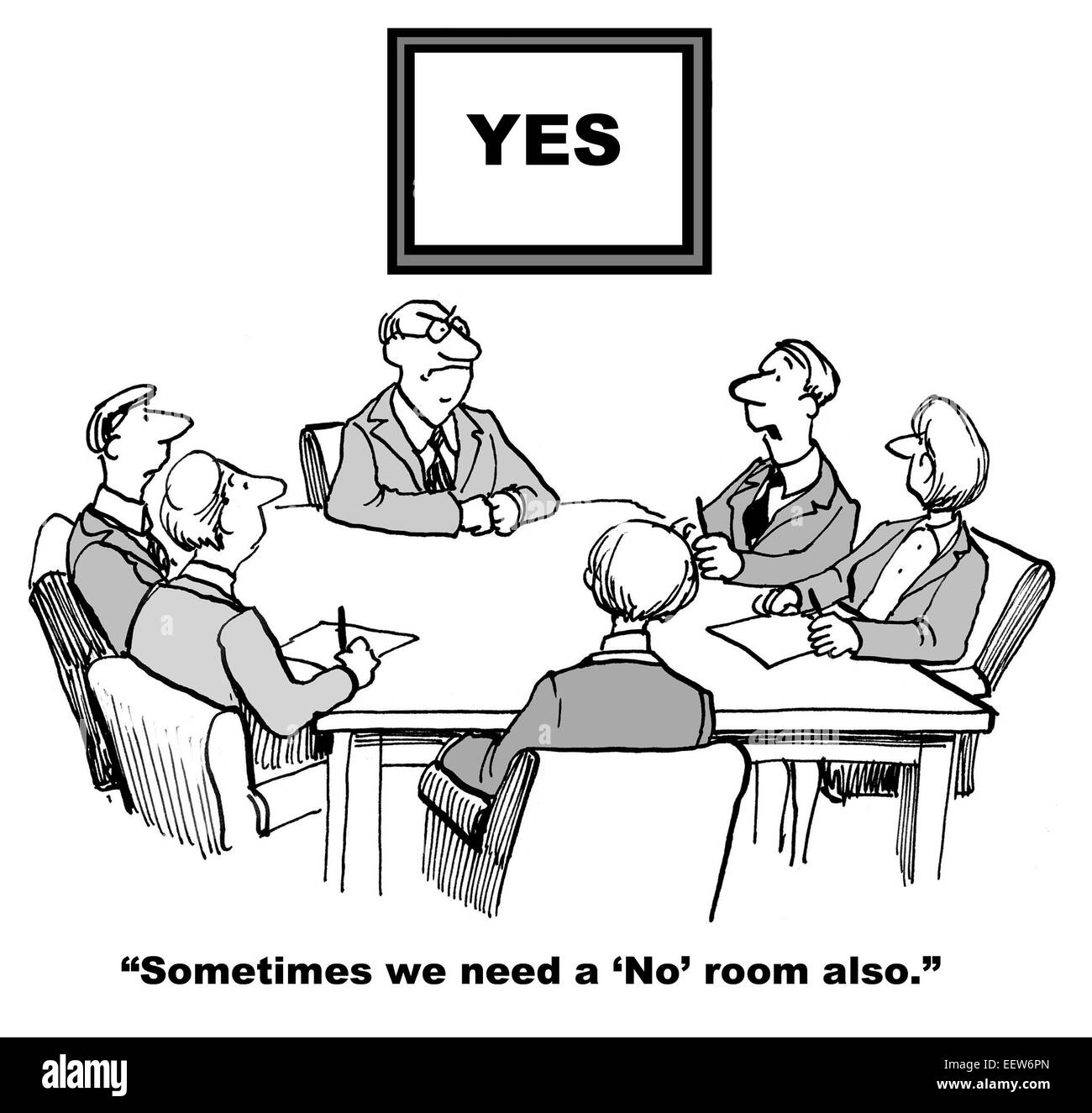 Cartoon von Geschäftsleuten im Tagungsraum ja dem Führer sagen, sie brauchen auch keine Sitzungs-Saal. Stockfoto