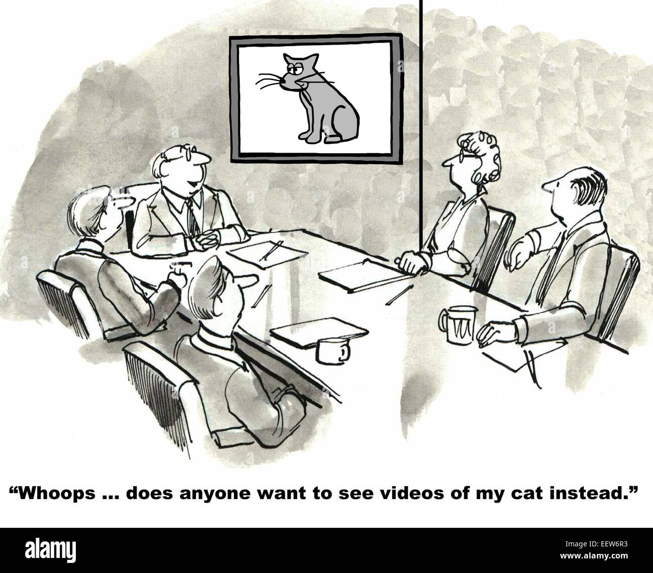 Cartoon von Geschäftsleuten Blick auf Menschen, die versucht, das Geschäft Video arbeiten und stattdessen zeigt eine Video von seiner Katze. Stockfoto