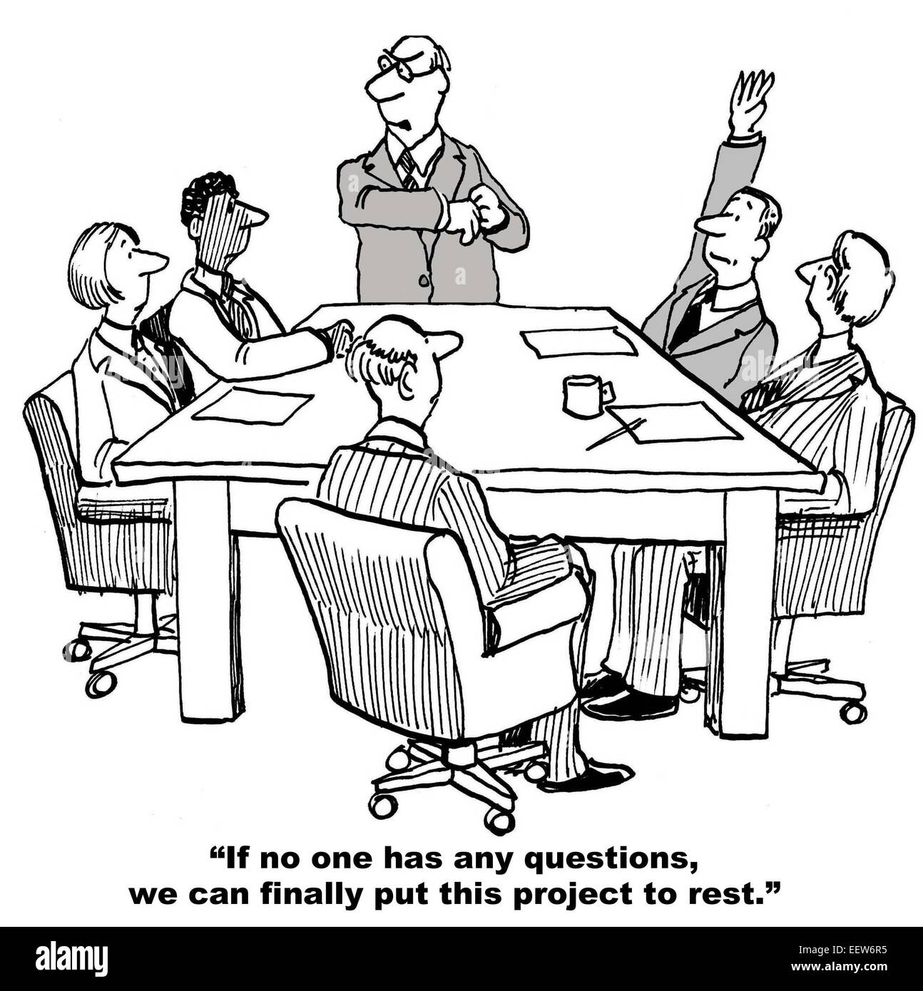 Cartoon von Business-Team am letzten Tag des Projektes, Führer sagt endlich Projekt zur Ruhe setzen können, aber es gibt noch eine Frage. Stockfoto