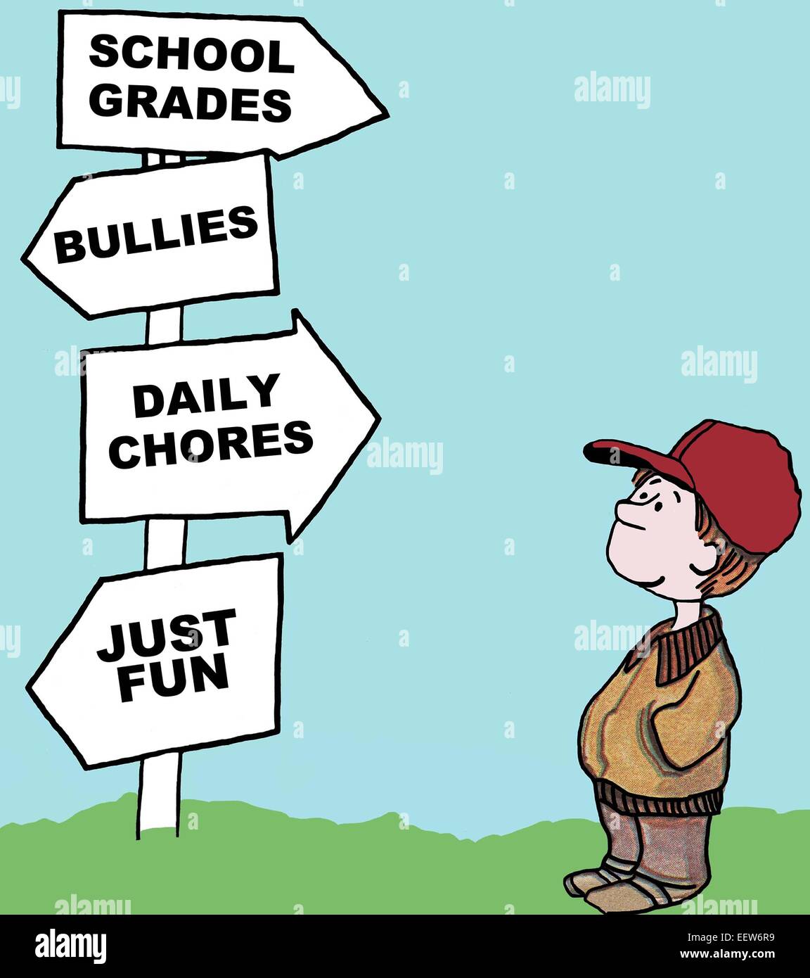 Cartoon Jungen Blick auf seinen täglichen Entscheidungen, täglichen Entscheidungen. Stockfoto