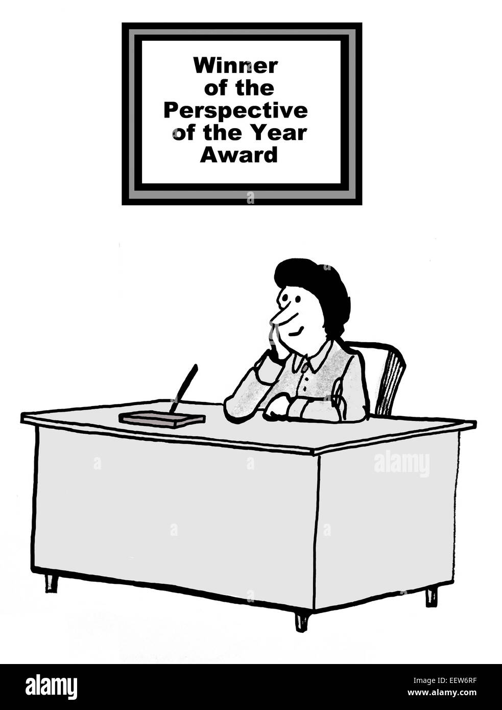 Cartoon zeigt Geschäftsfrau auf ihrem Schreibtisch und Zeichen liest "Gewinner der Vorausschau of the Year Award". Stockfoto