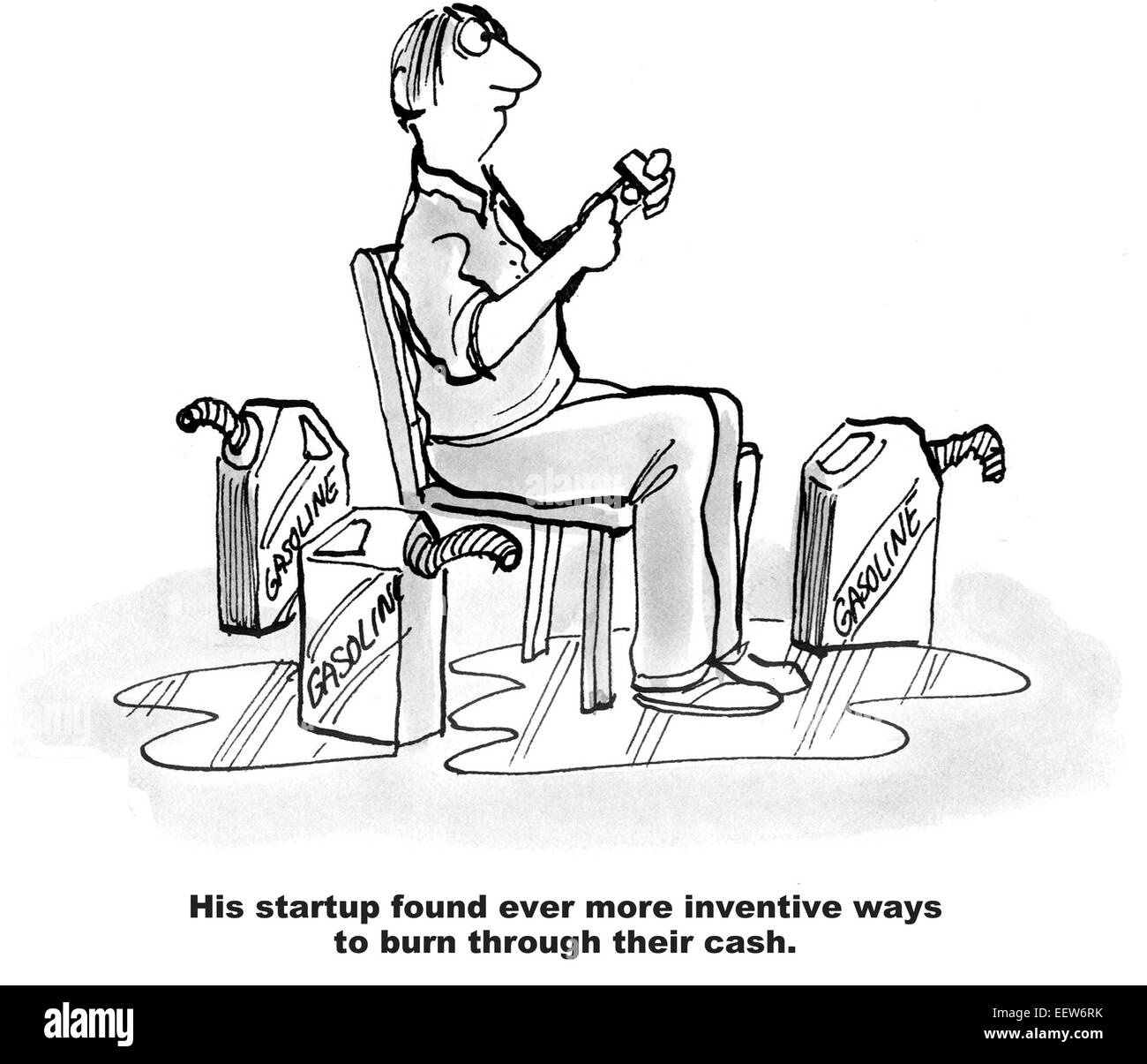Karikatur eines Geschäftsmannes, umgeben von Benzin Beleuchtung ein Spiel sein Startup hatte erfinderische Weise, durch Geld zu verbrennen. Stockfoto