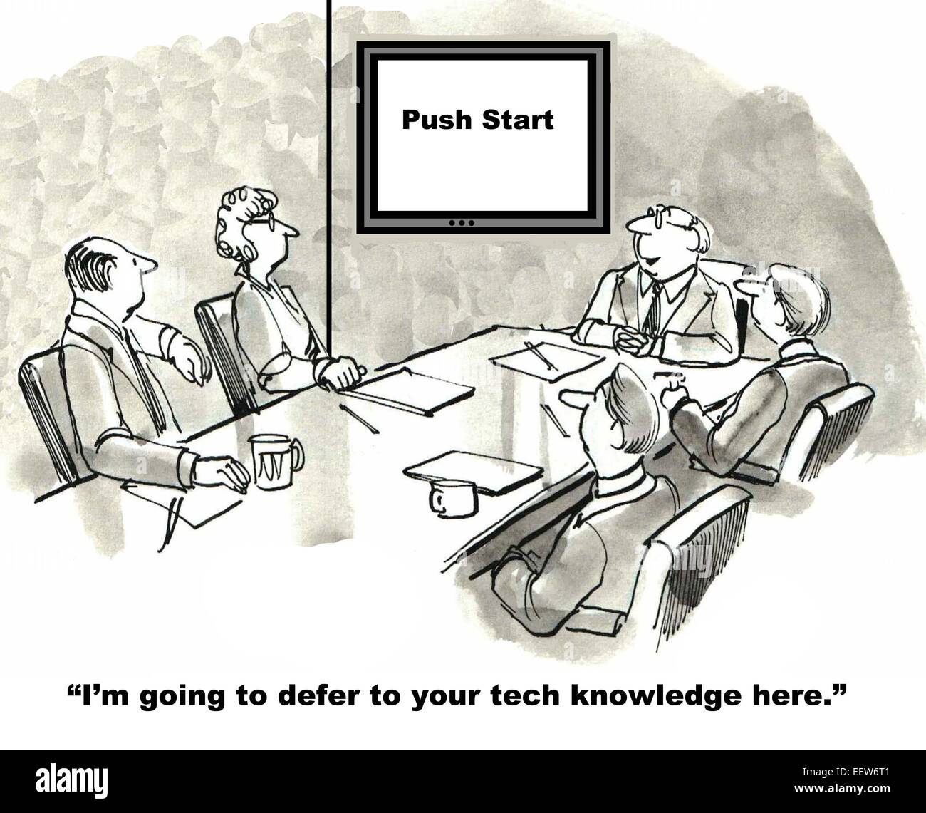 Karikatur von Geschäftsmann, ein team zu sagen er wird verschieben, um ihre technischen Kenntnisse, Schild steht, drücken Sie Start ". Stockfoto