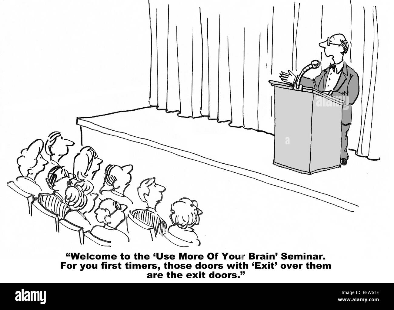 Karikatur eines Geschäftsmannes führt ein Seminar über "Verwendung mehr von Ihrem Gehirn". Stockfoto