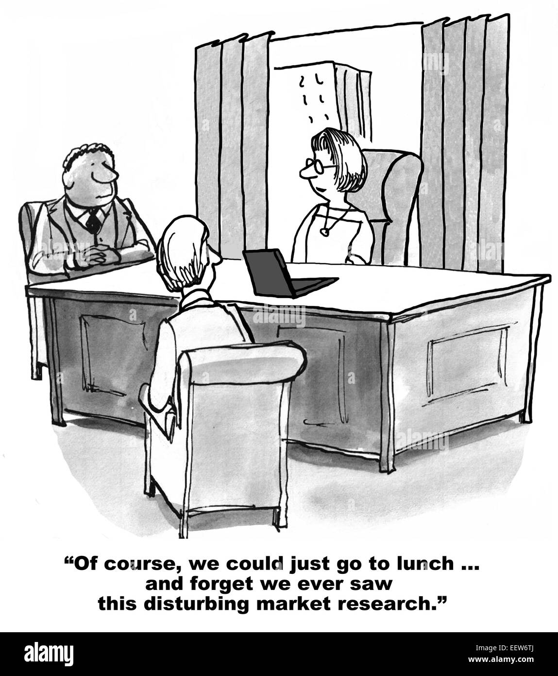 Karikatur von drei Geschäftsleute in einem Büro und einem sagt, dass wir nur vergessen konnten, sahen wir immer diese störenden Marktforschung. Stockfoto