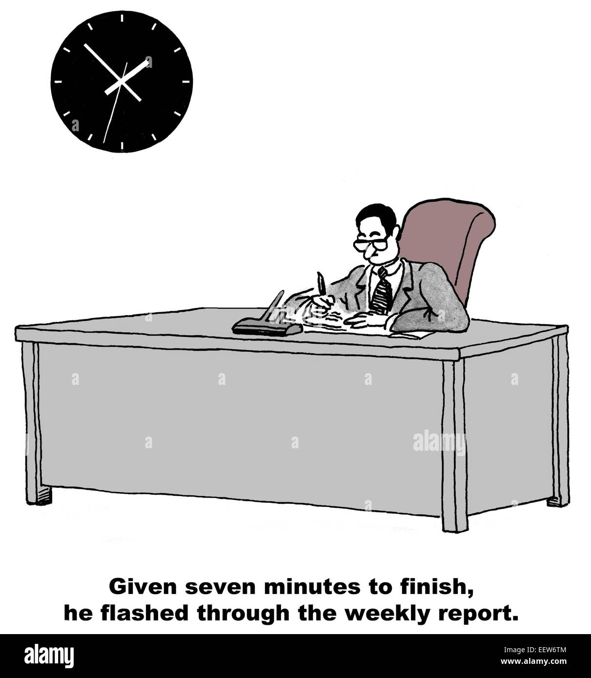 Karikatur von Kaufmann an seinem Schreibtisch mit einer Uhr, die sagt, dass er hat sieben Minuten beginnen und abschließen von seinem Wochenbericht. Stockfoto