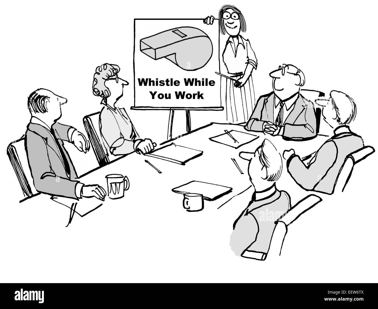 Cartoon von Geschäftsleuten in einer Besprechung, Geschäftsfrau und Diagramm, das sagt "Pfeifen bei der Arbeit" zu betrachten. Stockfoto