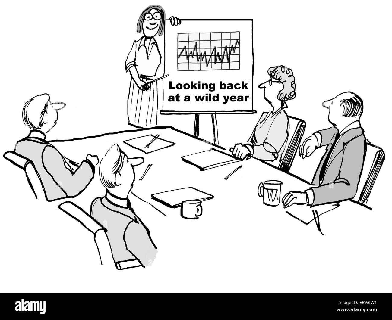 Cartoon zeigt Geschäftsleute in einer Besprechung, Blick auf ein Diagramm mit inkonsistenten jährlichen Geschäftsergebnisse. Stockfoto