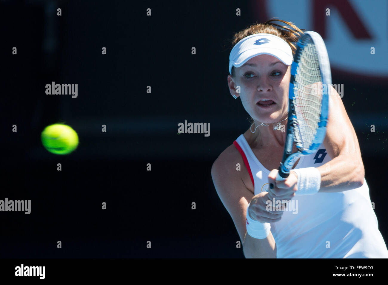 Melbourne, Australien. 22. Januar 2015. Agnieszka Radwanska (POL) in Aktion in eine 2. Runde Spiel gegen Johanna Larsson (SWE) am vierten Tag des 2015 Australian Open Grand-slam-Tennis-Turnier im Melbourne Park in Melbourne, Australien. Sydney Low/Cal-Sport-Medien. Radwanska gewann 6: 0 6: 1 Credit: Csm/Alamy Live-Nachrichten Stockfoto