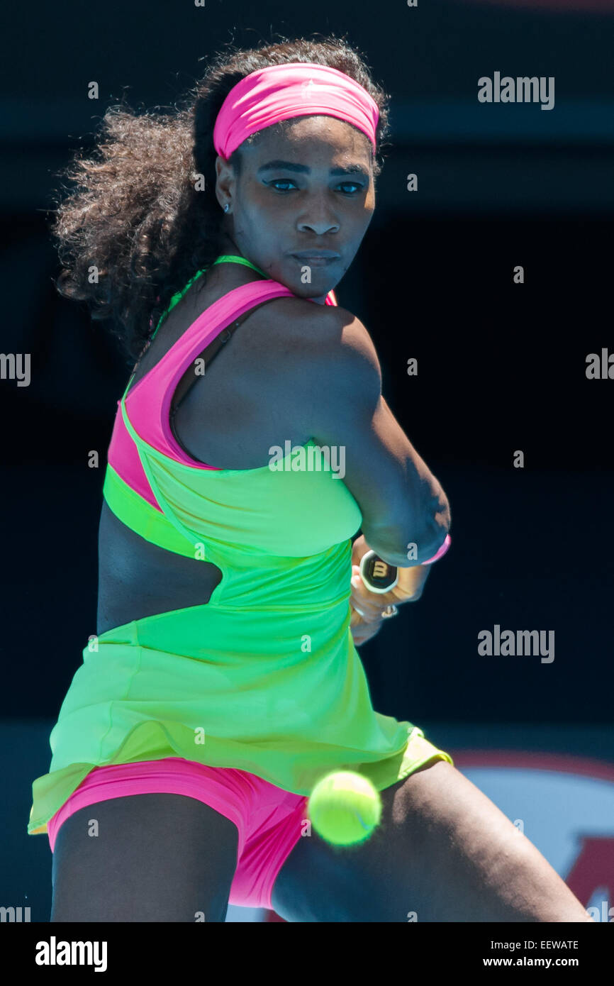 Melbourne, Australien. 22. Januar 2015. Serena Williams (USA) in Aktion in eine 2. Runde Spiel gegen Vera Zvonareva (RUS) am vierten Tag des 2015 Australian Open Grand-slam-Tennis-Turnier im Melbourne Park in Melbourne, Australien. Sydney Low/Cal-Sport-Medien. Williams gewann 7-5, 6-0 Credit: Csm/Alamy Live-Nachrichten Stockfoto