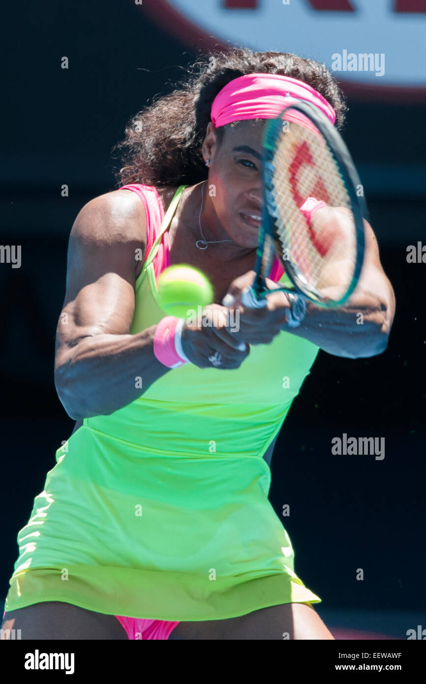 Melbourne, Australien. 22. Januar 2015. Serena Williams (USA) in Aktion in eine 2. Runde Spiel gegen Vera Zvonareva (RUS) am vierten Tag des 2015 Australian Open Grand-slam-Tennis-Turnier im Melbourne Park in Melbourne, Australien. Sydney Low/Cal-Sport-Medien. Williams gewann 7-5, 6-0 Credit: Csm/Alamy Live-Nachrichten Stockfoto