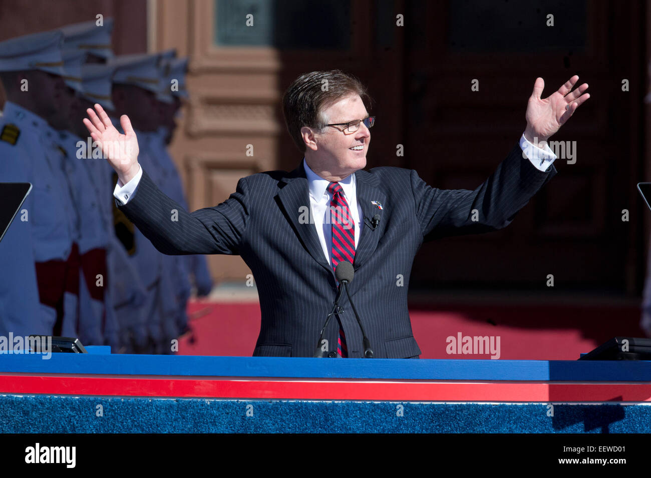 Vizegouverneur Dan Patrick gibt seiner Antrittsrede während der konstituierenden Zeremonien im Capitol in Austin Texas. Stockfoto