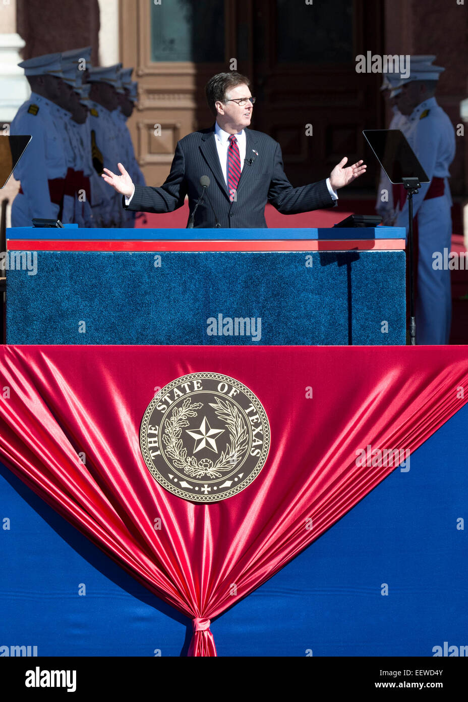Vizegouverneur Dan Patrick gibt seiner Antrittsrede während der konstituierenden Zeremonien im Capitol in Austin Texas. Stockfoto