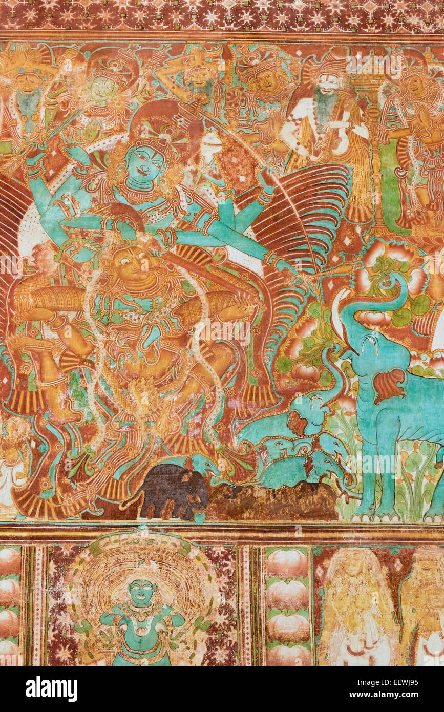 Antike Wandmalerei, Gajendra Moksham Darstellung der Erlösung Gottes Elefant Gajendra, das größte seiner Art in Kerala Stockfoto Antike Wandmalerei, Gajendra Moksham Darstellung der Erlösung Gottes Elefant Gajendra, das größte seiner Art in Kerala Stockfoto
