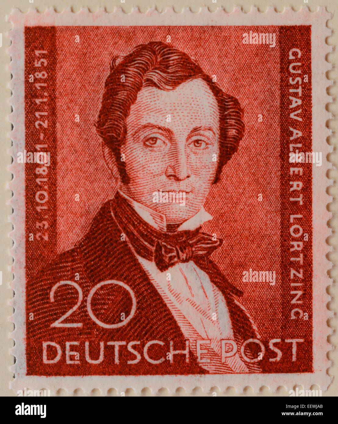 Albert Lortzing, ein deutscher Komponist, Schauspieler und Sänger, Porträt auf einer deutschen Briefmarke, 1951 Stockfoto