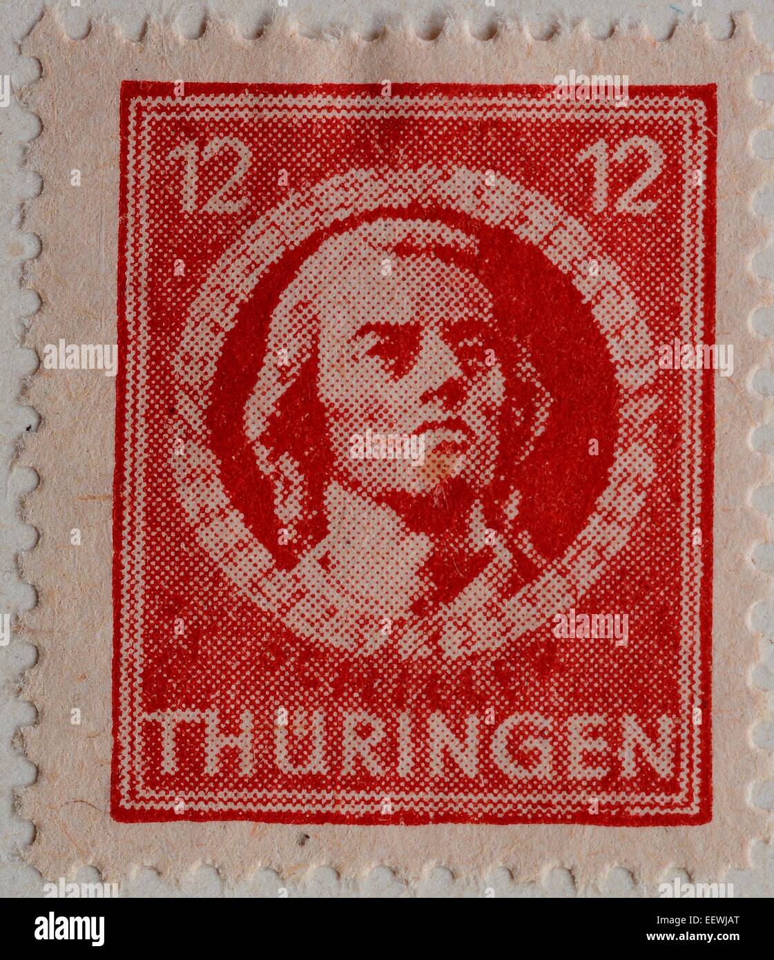 Friedrich von Schiller, ein deutscher Dichter, Philosoph, Historiker und Dramatiker, Porträt auf einer Briefmarke aus Thüringen, 1945 Stockfoto