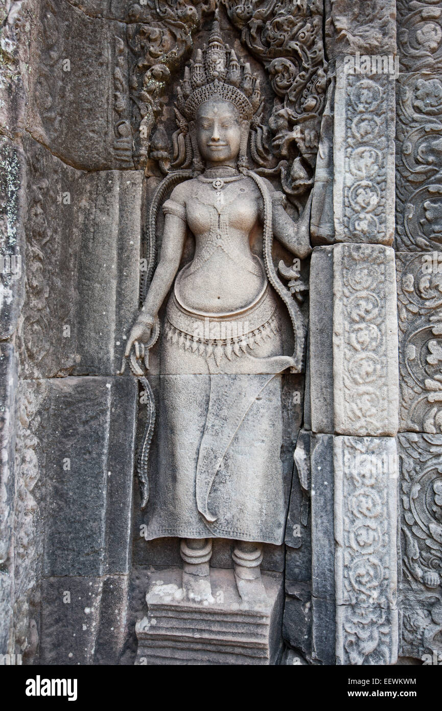 Am besten erhaltenen tanzenden Mädchen-Statue am Bayon Tempel, Angkor Wat, Kambodscha Stockfoto