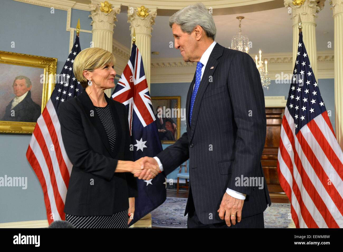 US-Außenminister John Kerry begrüßt australischer Außenminister Julie Bishop an das Department of State 21. Januar 2015 in Washington, DC. Stockfoto