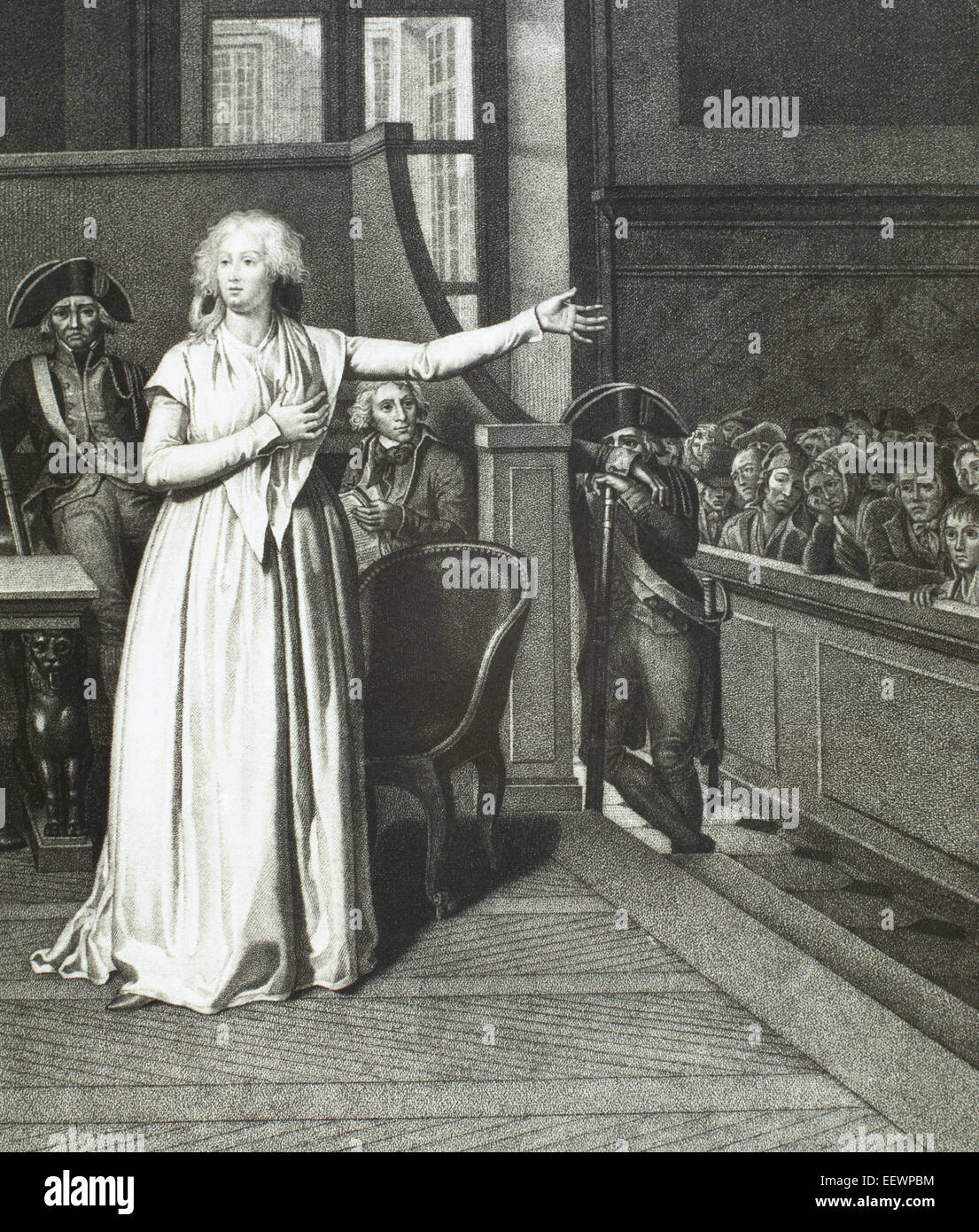 Marie Antoinette (1755-1793), Ehefrau von Louis XVI und Königin von Frankreich, vor dem Gericht. Gravur. Stockfoto
