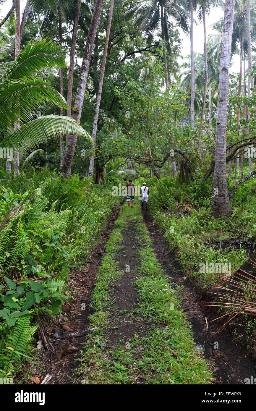 MELVERT, VANUATU-Oktober 7, 2014: Guide führt die Gruppe von Touristen durch den Dschungel mit einem Einheimischen am 7. Oktober in Melvert-Van Stockfoto