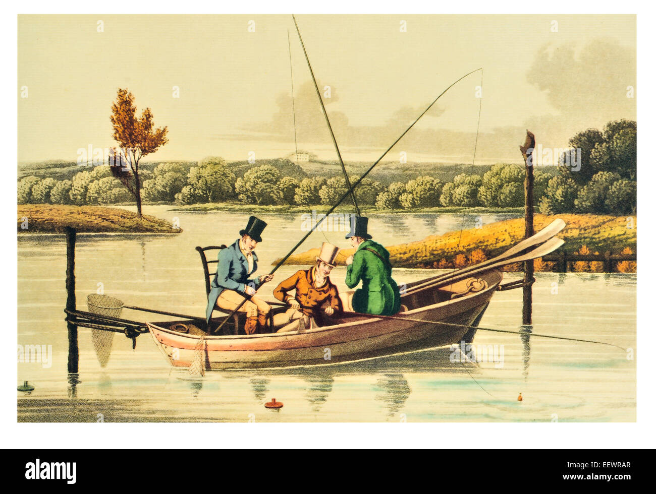Angeln in einen Punt Henry Alken Delt georgische Ära 1820 Gentleman Boot net Angelrute Angeln Angler Hut historischen Kostümen Stockfoto