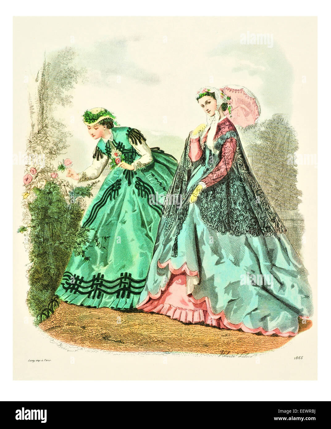 La Mode Illustree 1865 viktorianischen Kostümen Mode Kleid Kleid Kleider Rock Schleier Manschette Schnickschnack Musselin Cap Stickerei Stockfoto
