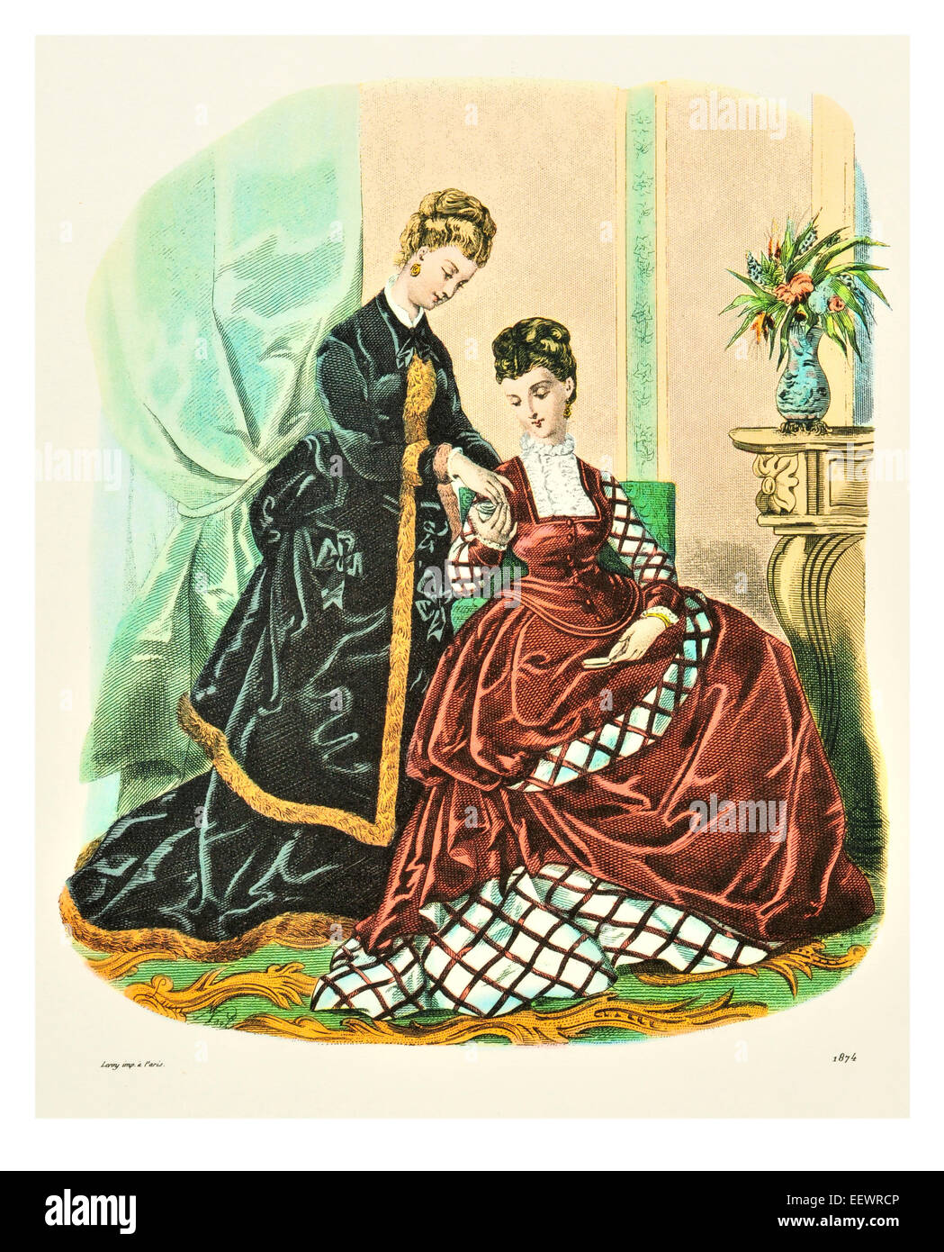 La Mode Illustree 1874 viktorianischen Kostümen Mode dress Kleid Kleider Rock Schleier Manschette Schnickschnack Musselin Cap Stickerei park Stockfoto