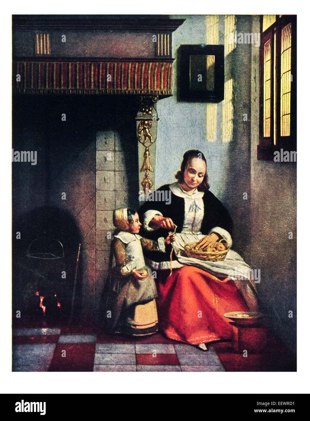 Frau Peeling Äpfel Pieter De Hooch 1629-1684 Holländisches goldenes Alter Maler Wallace Collection häusliche Szene Kamin Stickerei Stockfoto