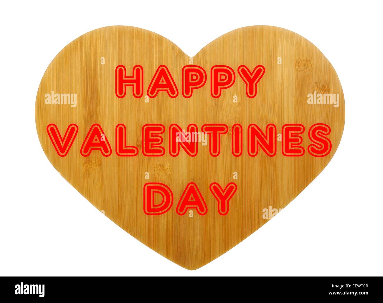 Happy Valentines Day Nachricht auf ein Herz aus Holz in roter Schrift Stockfoto