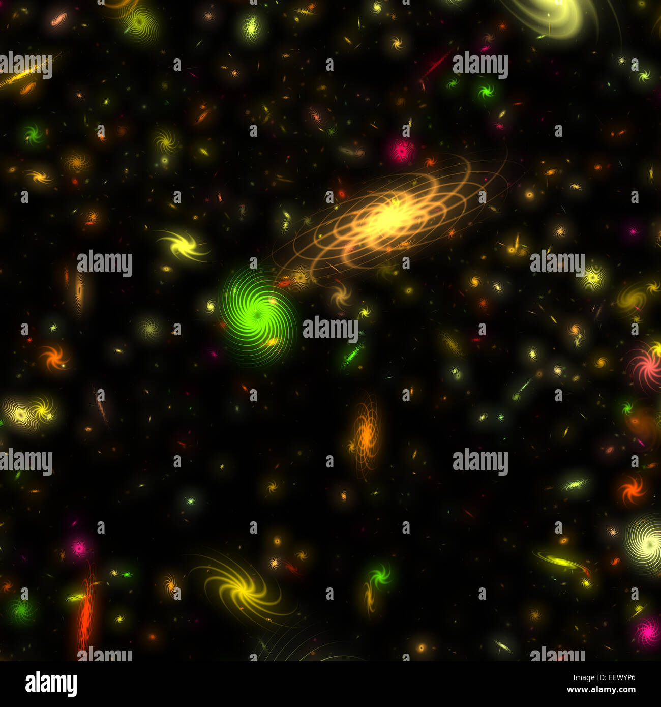 Bunte Galaxien verstreut im schwarzen Raum Stockfoto