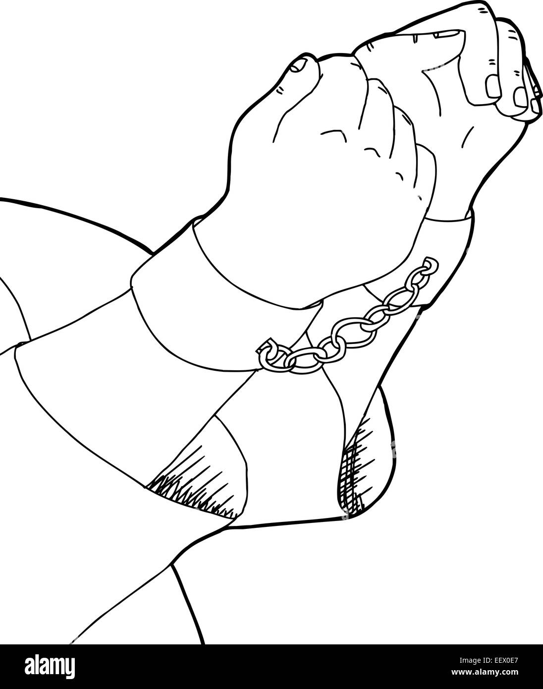Karikatur von Mann in Fesseln über weiß zu skizzieren Stockfoto
