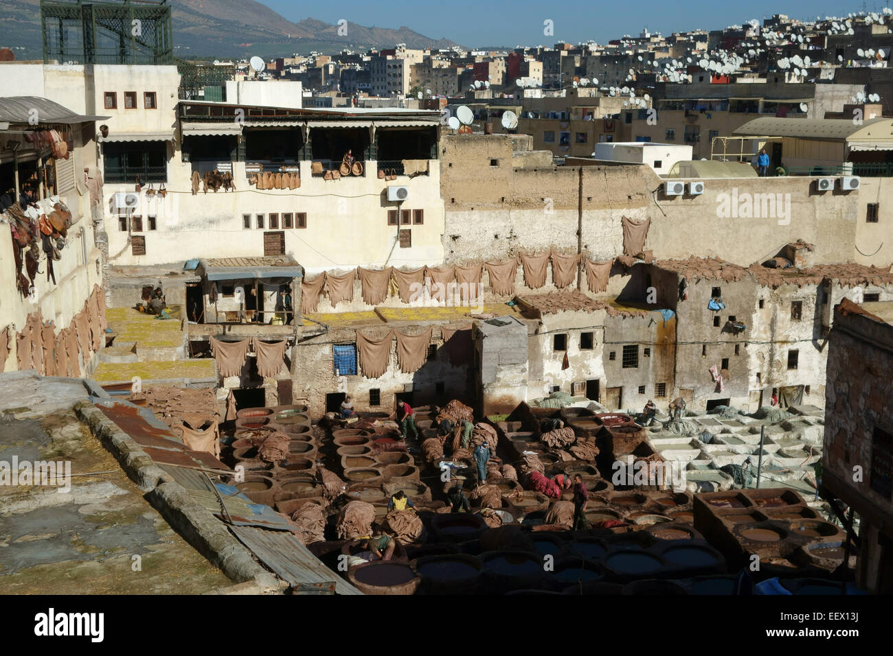 Luftaufnahme des Chouwara Gerberei in Fez, Marokko Stockfoto