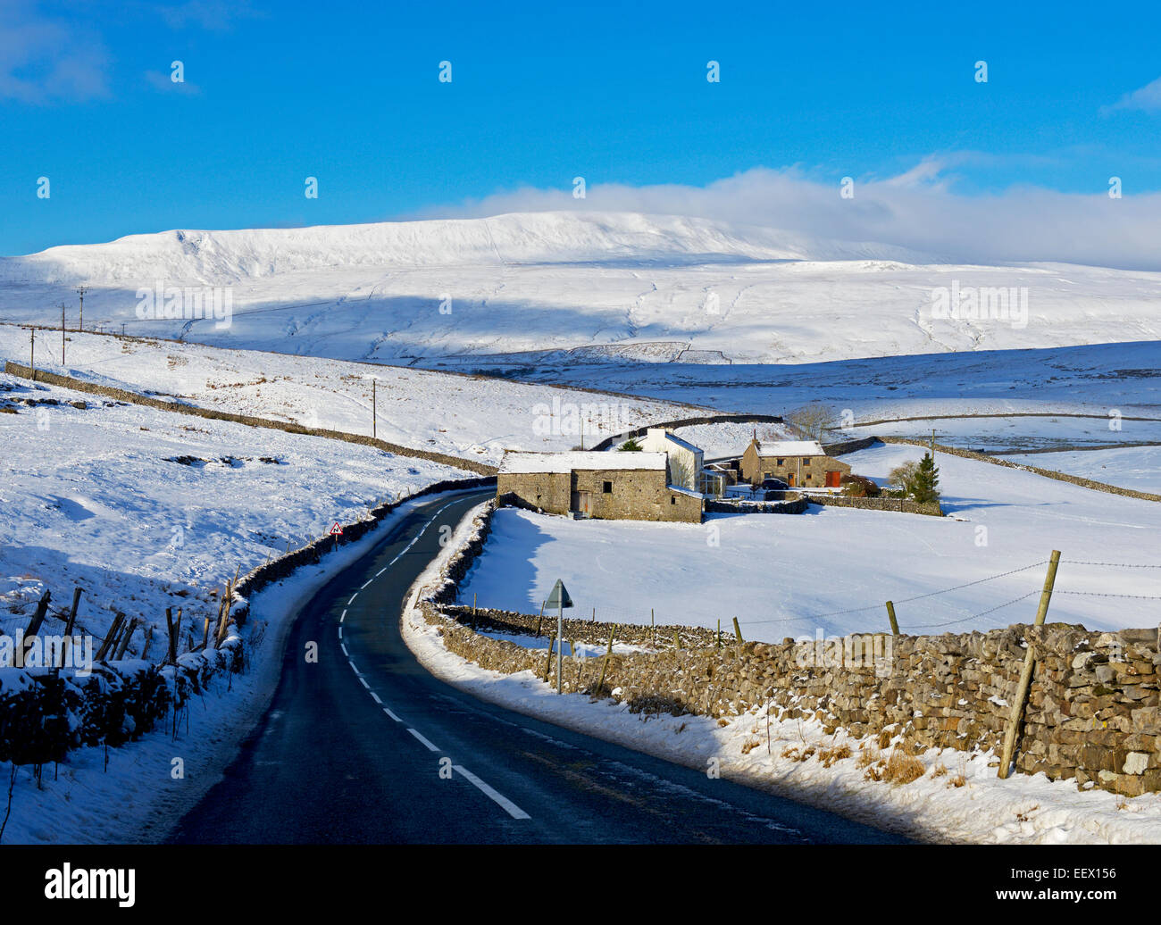 Bauernhof in Ribblesdale, mit Whernside in der Ferne, Yorkshire Dales National Park, North Yorkshire, England UK Stockfoto