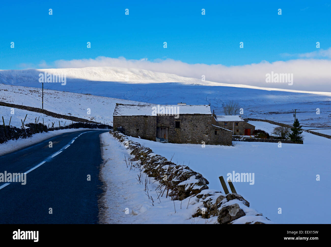 Bauernhof in Ribblesdale, mit Whernside in der Ferne, Yorkshire Dales National Park, North Yorkshire, England UK Stockfoto