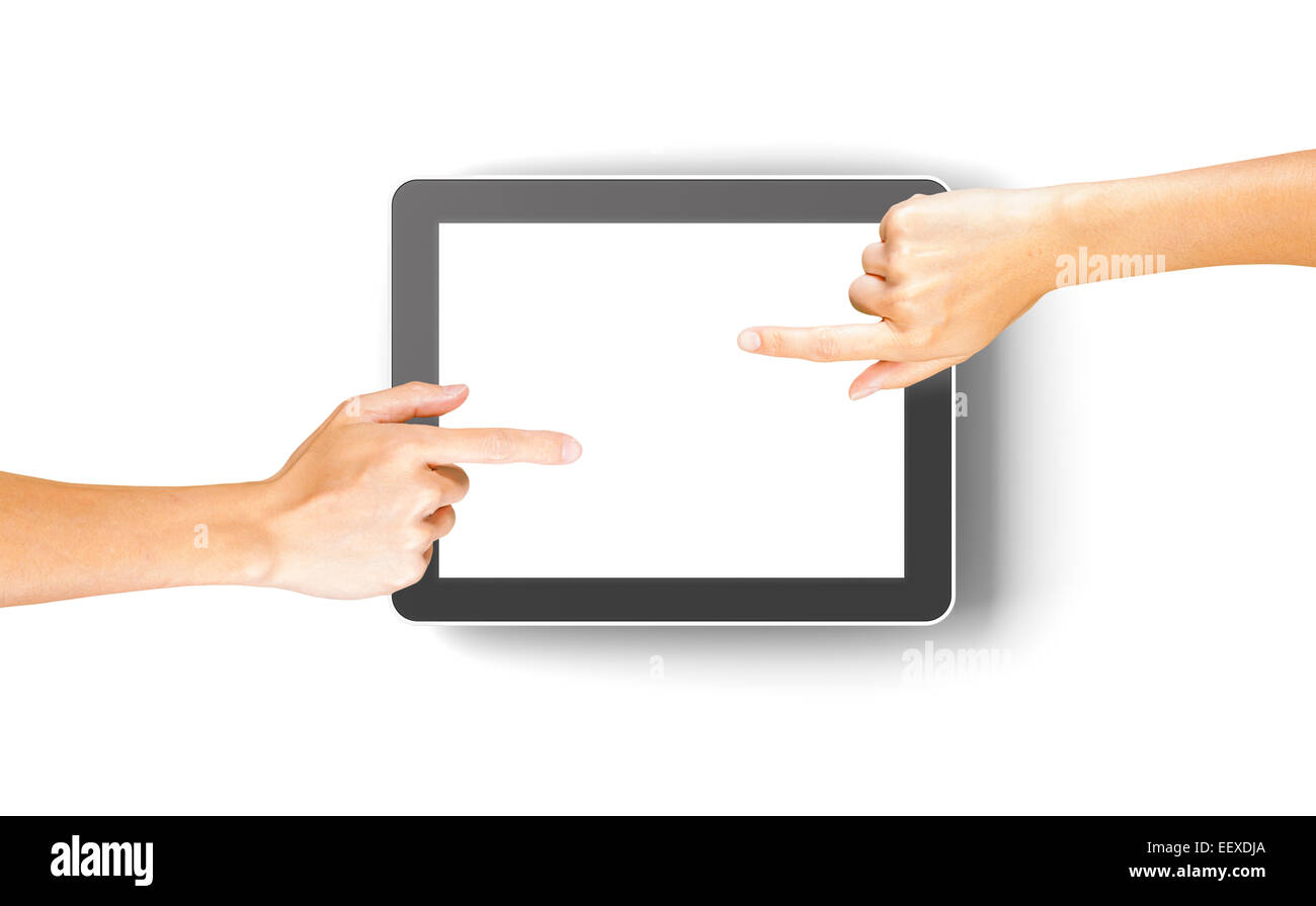 Hände, die eine generische 3d gerenderten Tablet mit Exemplar klicken Stockfoto