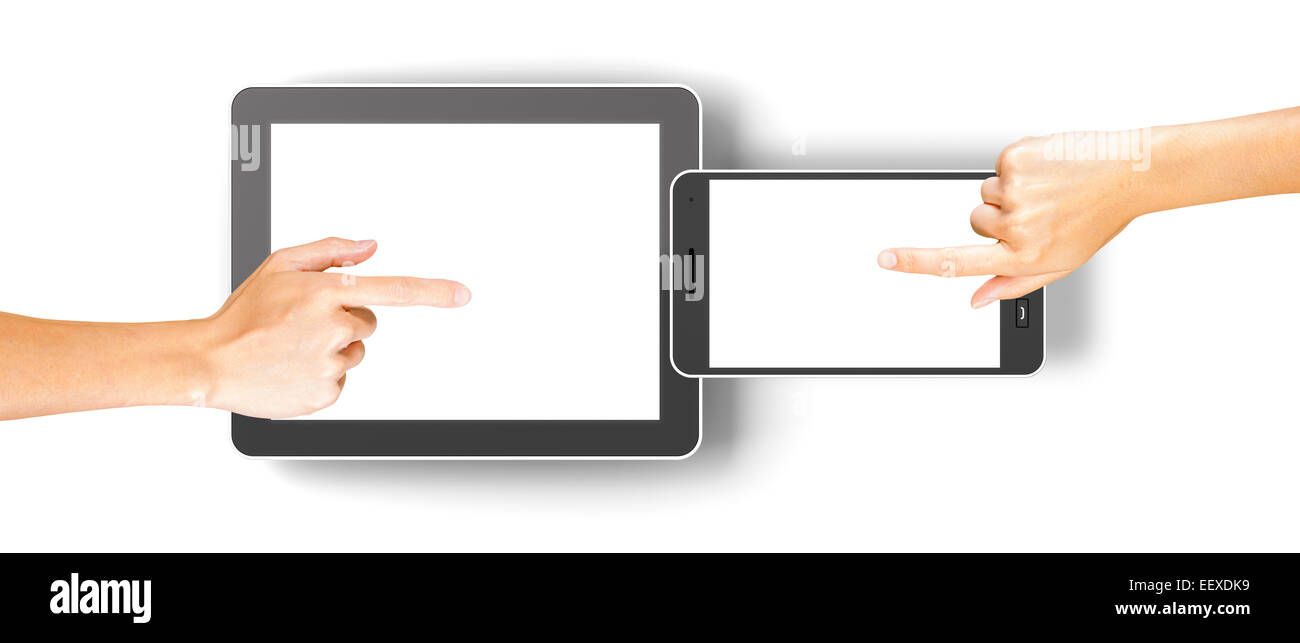Hände, die Sie auf generische 3d gerendert, Tablet und Smartphone mit Exemplar Stockfoto