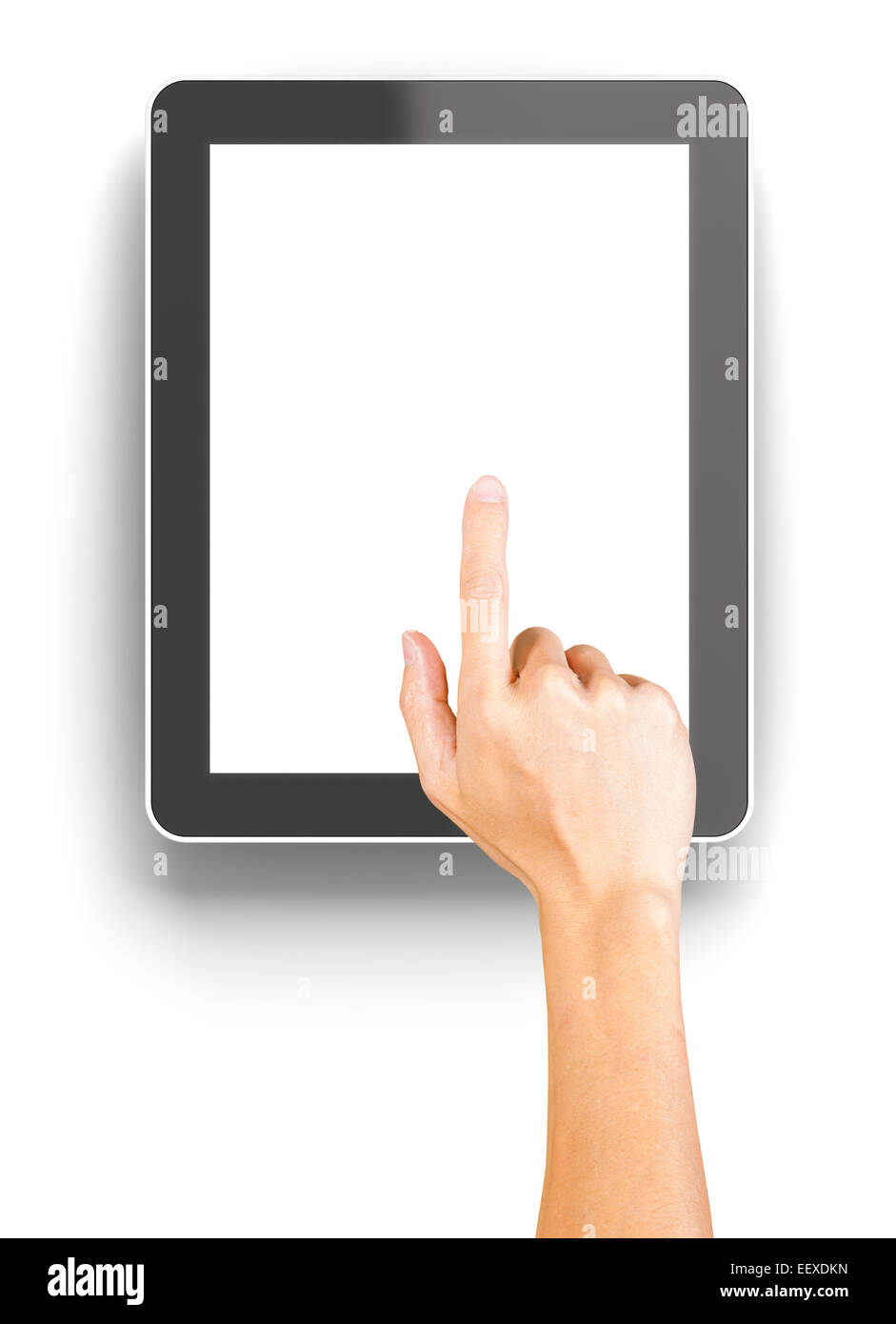 Hand klicken eine generische 3d gerenderten Tablet mit Exemplar Stockfoto