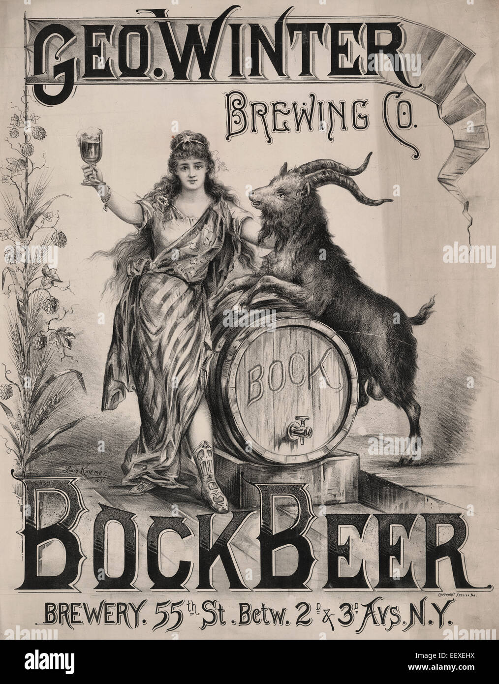 Geo. Winter Brewing Co. Bockbier. Brauerei.  Plakat mit Columbia ein Glas Bier, posierte mit einem Fass und einem Ziegenbock, das Symbol der Bockbier, um 1900 Stockfoto