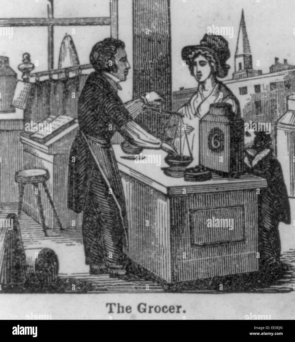 Der Lebensmittelhändler - Innenansicht mit Blick auf die kleine Stadt im freien; Lebensmittelhändler Kunden ca. 1847 helfen Stockfoto