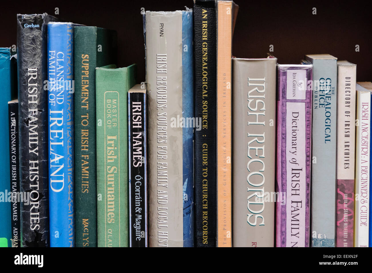 Bücher über irische Geschichte und Genealogie Familienforschung in Belfast-Bibliothek Stockfoto