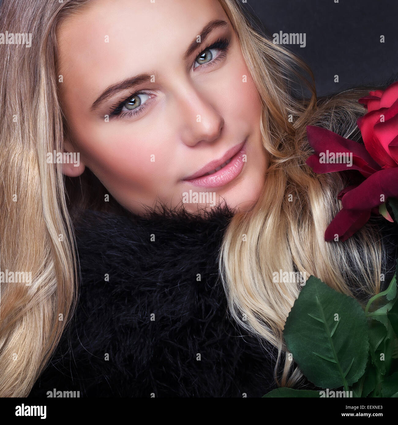 Closeup Portrait von attraktiven umwerfende Frau mit roter Blume, Valentinstag, Luxus-Beauty-Salon, Mode und Mode-Konzept Stockfoto