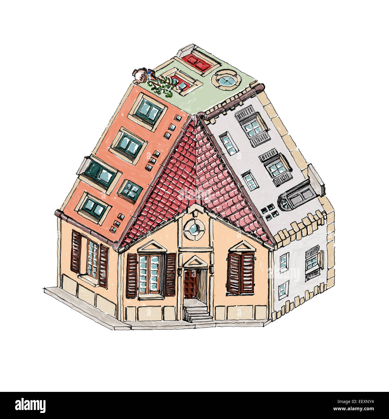 Drei Weise unmöglich Haus in Wasserfarben auf weißem Hintergrund Stockfoto