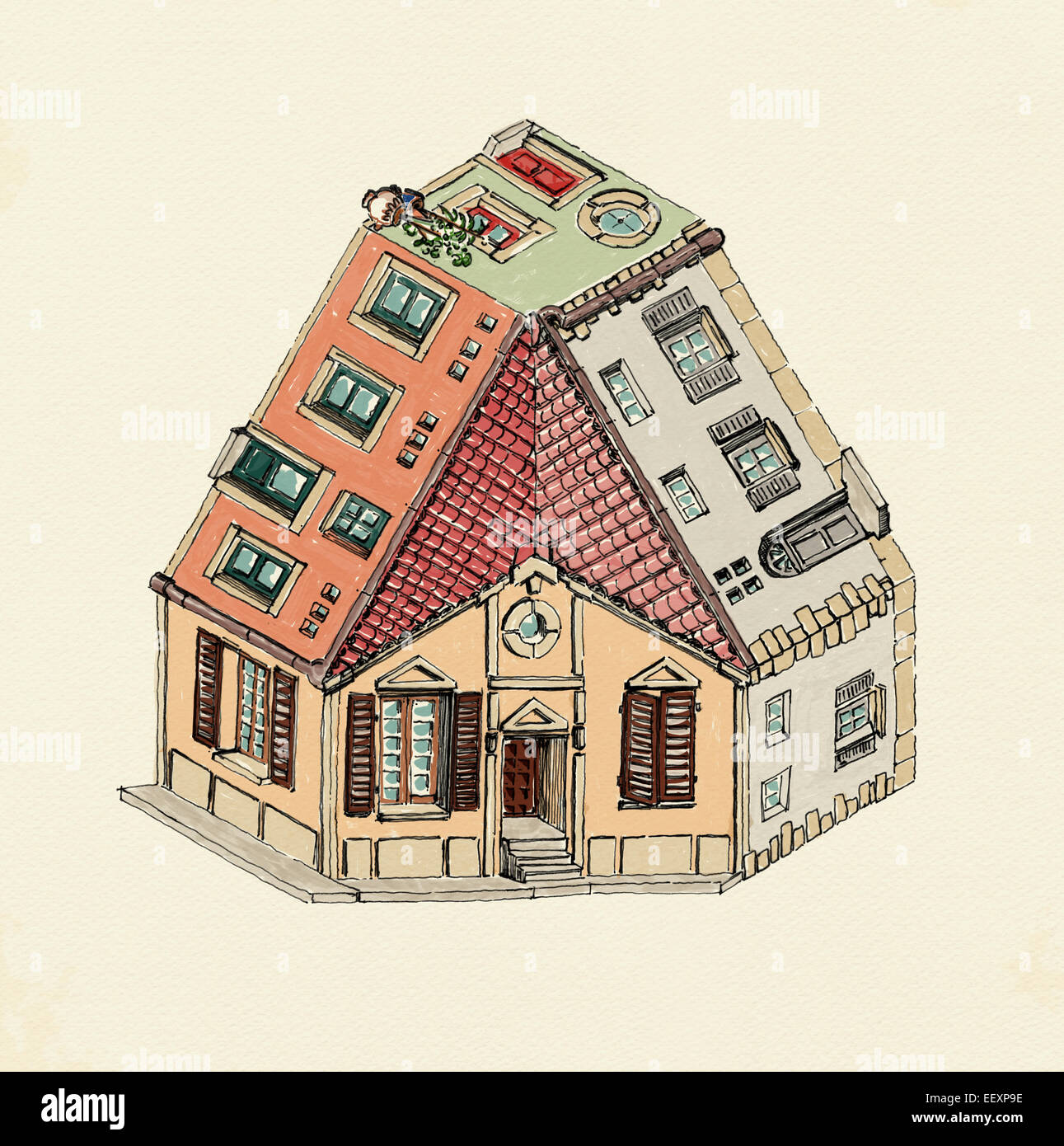 Drei Weise unmöglich Haus in Wasserfarben auf Papier Stockfoto