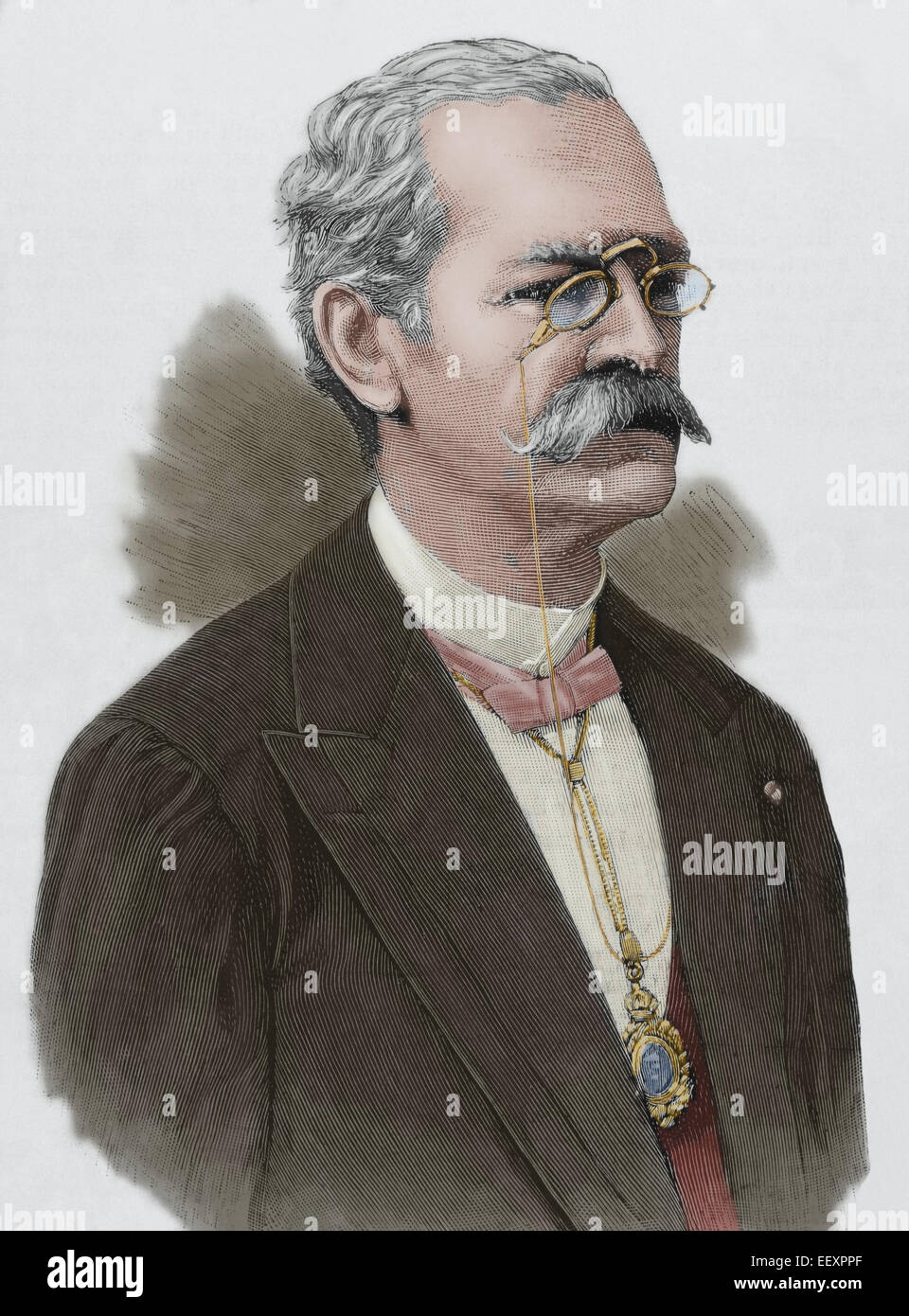 Ricardo Palma (1833-1919). Peruanische Schriftsteller, Gelehrter, Bibliothekar und Politiker. Porträt. Gravur. Farbige. Stockfoto