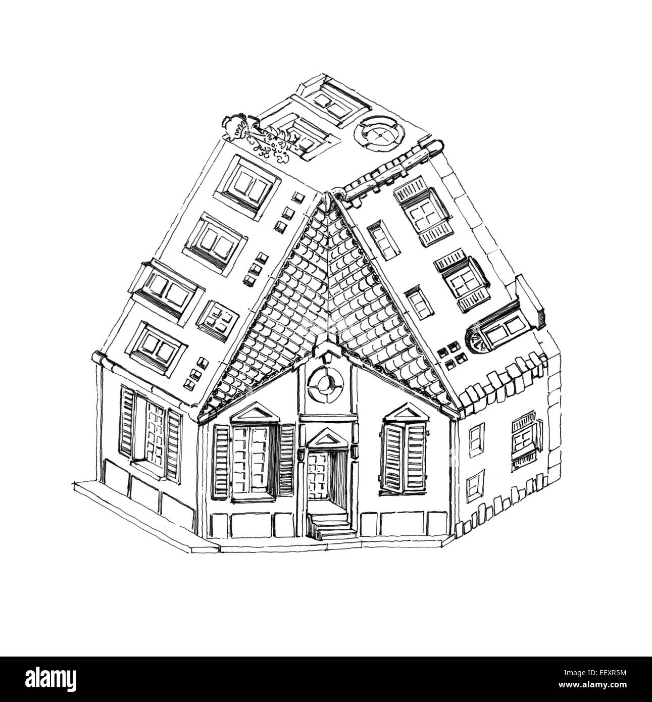 Drei Weise unmöglich Haus schwarzer Tinte auf weißem Stockfoto
