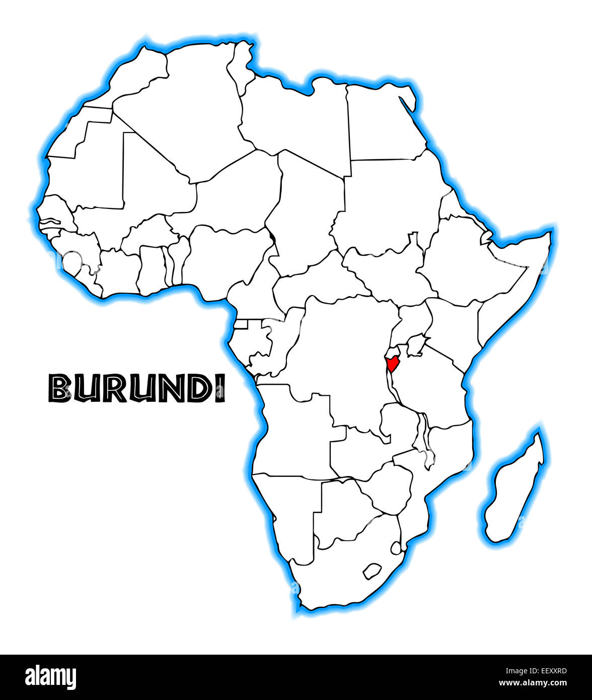 Burundi-Gliederung-Einschub in einer Karte von Afrika über einen weißen Hintergrund Stockfoto
