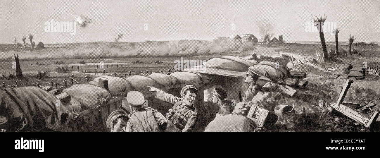 Ein Gasangriff auf die 2. Lancashire Fusiliers während der zweiten Schlacht bei Ypern, West-Flandern, Belgien im Jahre 1915 im ersten Weltkrieg. Stockfoto